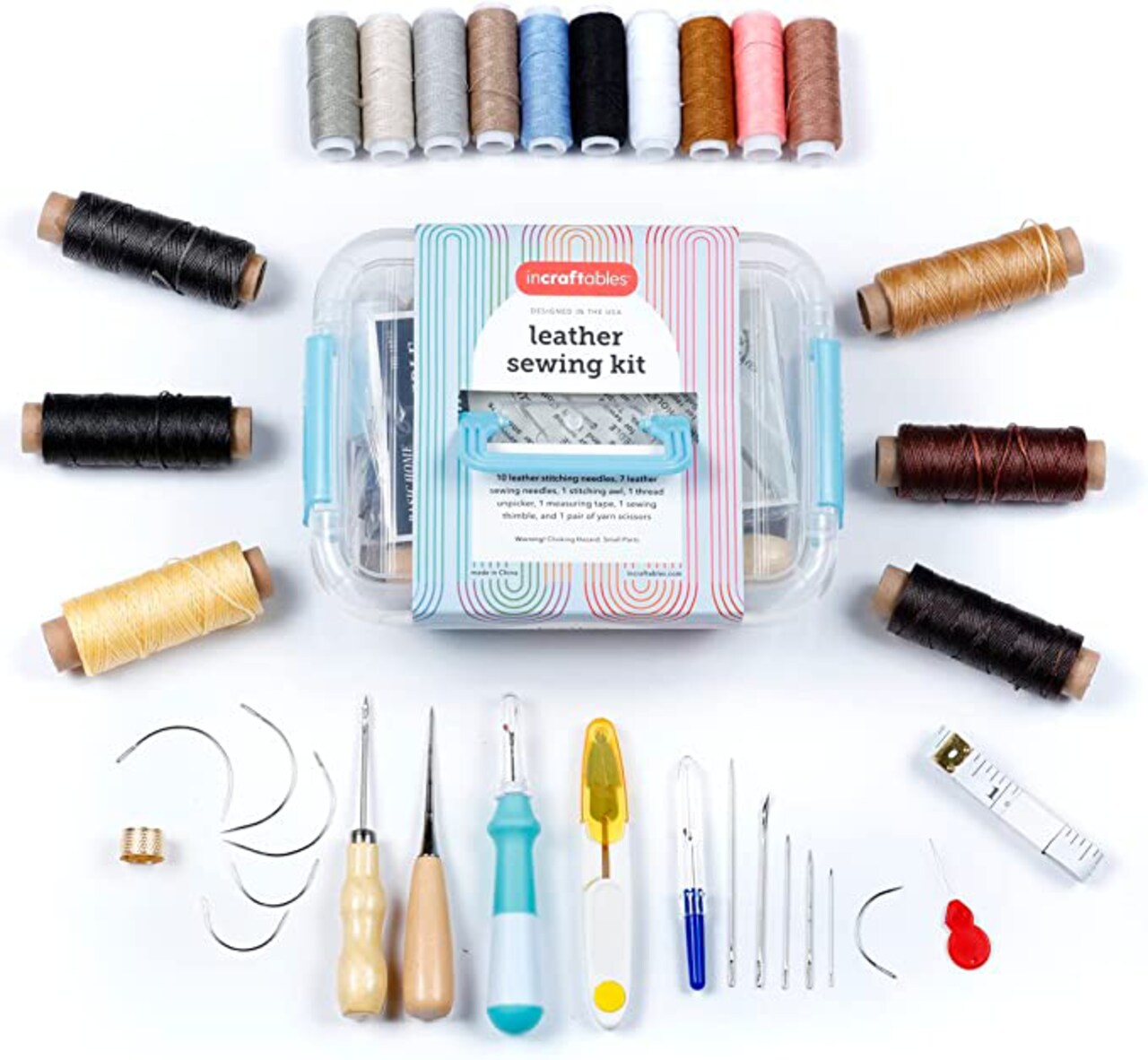 Incraftables Leather Sewing Kit. Heavy Duty Stitching Craft Working Tools Set. Upholstery Repair Kit w/ Waxed Thread Cord, Needles, Tape, Awl, Scissors, Unpicker & Thimble for Beginner Hand Sewing